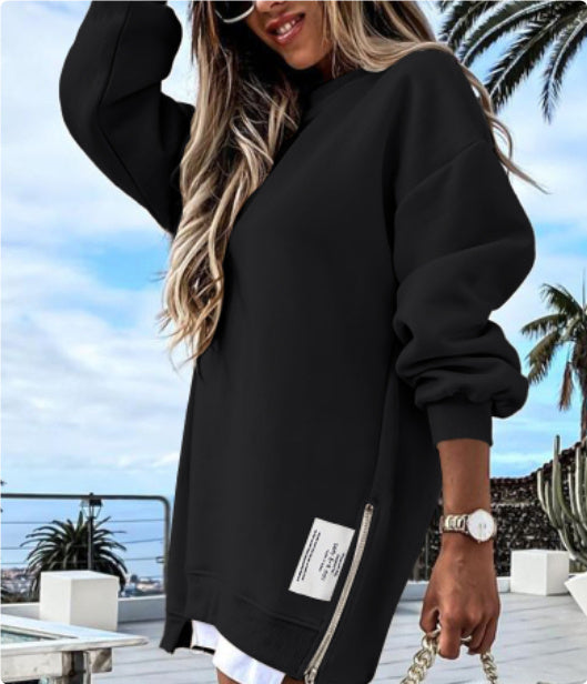 Casual Long Sleeve Zipper Slit Oversized Sweatshirt