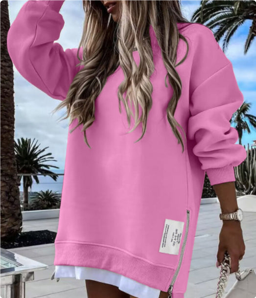 Casual Long Sleeve Zipper Slit Oversized Sweatshirt