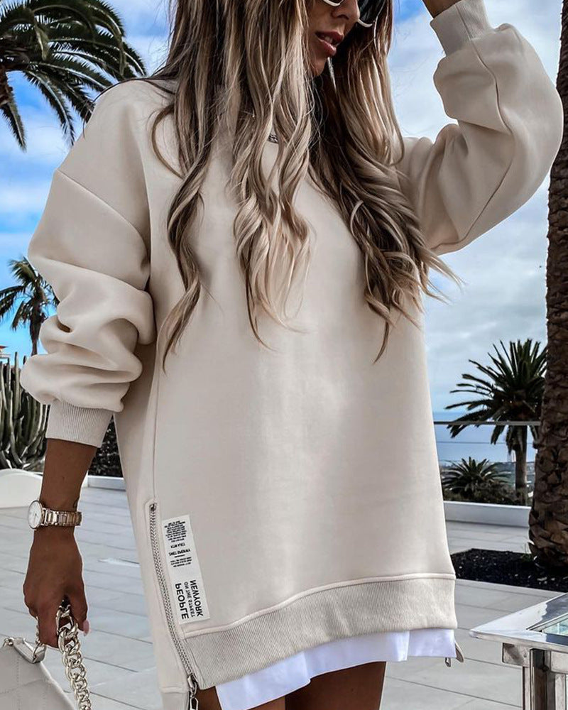 Casual Long Sleeve Zipper Slit Oversized Sweatshirt