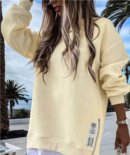 Casual Long Sleeve Zipper Slit Oversized Sweatshirt