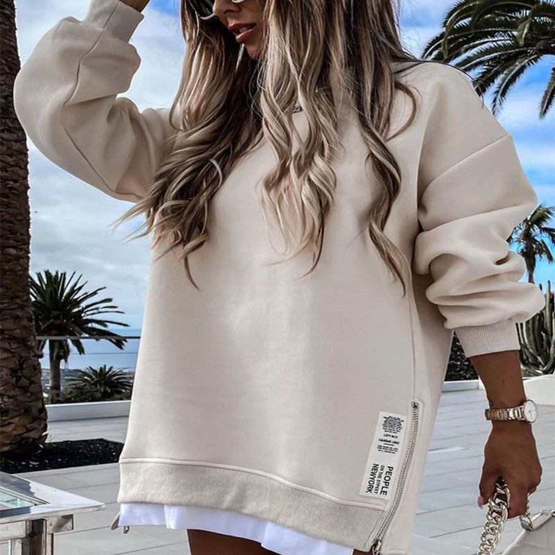 Casual Long Sleeve Zipper Slit Oversized Sweatshirt