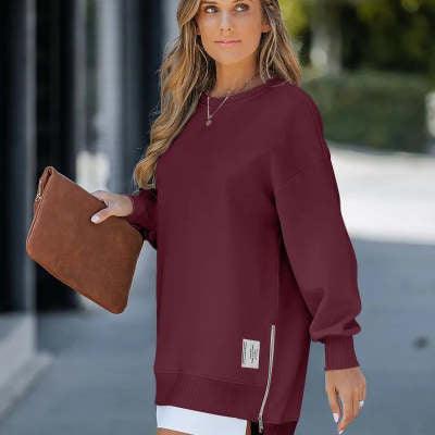 Casual Long Sleeve Zipper Slit Oversized Sweatshirt
